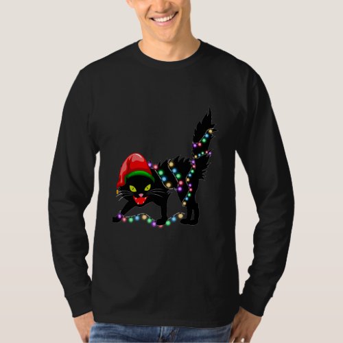 Black Cat Christmas Light Funny Cat Lover T_Shirt