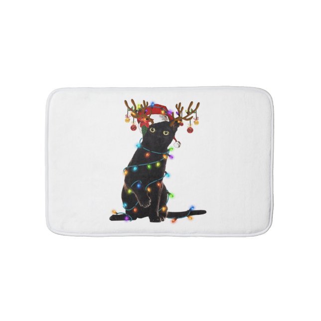 Black Cat Christmas Light Funny Cat Lover Xmas  Bath Mat (Front)