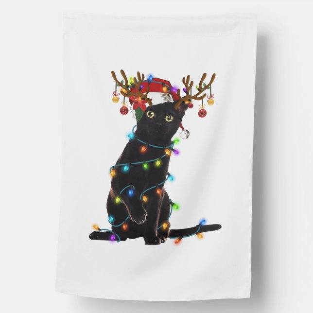 Black Cat Christmas Light Funny Cat Lover Xmas  House Flag (Front)