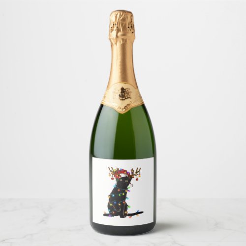 Black Cat Christmas Light Funny Cat Lover Xmas  Sparkling Wine Label