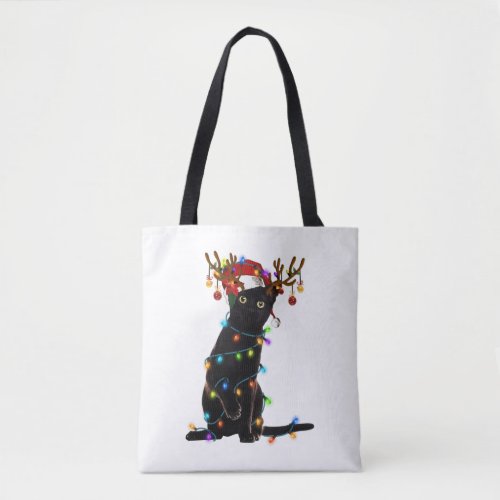 Black Cat Christmas Light Funny Cat Lover Xmas  Tote Bag