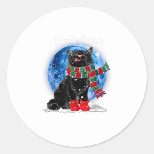 Black Cat Christmas Light Moon Blue Hol Classic Round Sticker