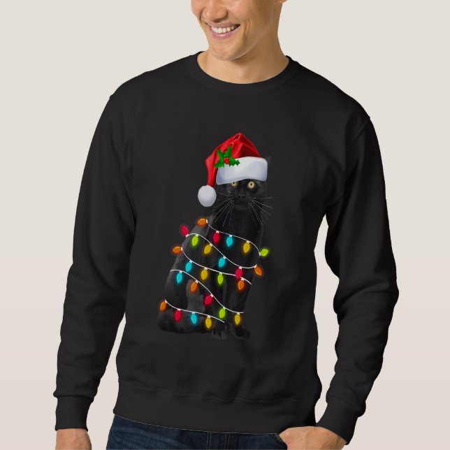 Black Cat Christmas Light Santa Hat  Cat  Xmas 2 Sweatshirt (Front)
