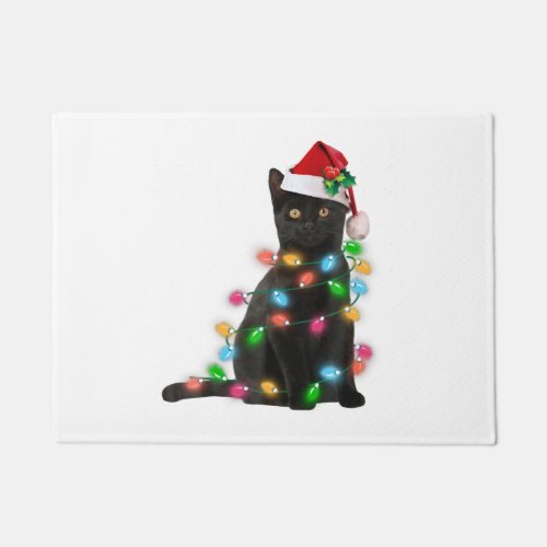 Black Cat christmas light tshirt funny cat lover Doormat