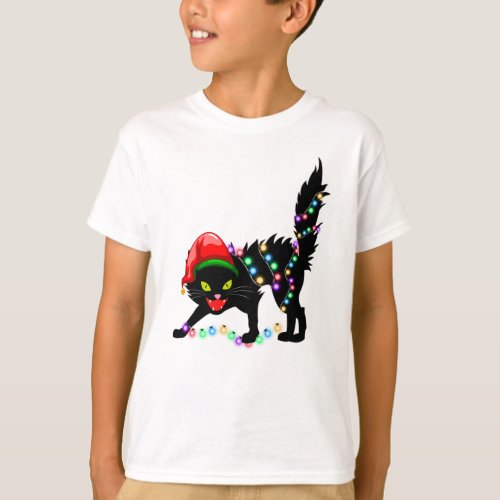 Black Cat christmas lights Boy T_Shirt