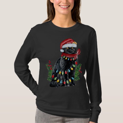 Black Cat Christmas Lights Cat Lover Funny Xmas Pa T_Shirt