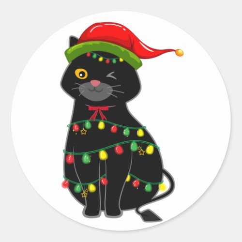 Black Cat christmas lights Classic Round Sticker