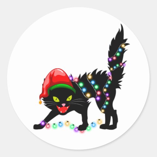Black Cat christmas lights Classic Round Sticker
