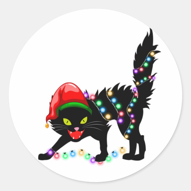 Black Cat christmas lights Classic Round Sticker (Front)