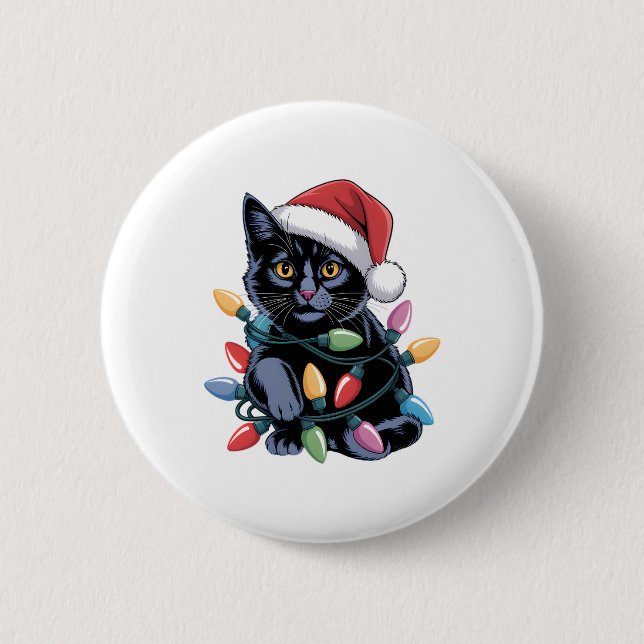 Black Cat Christmas Lights Funny Cat Lover Button (Front)
