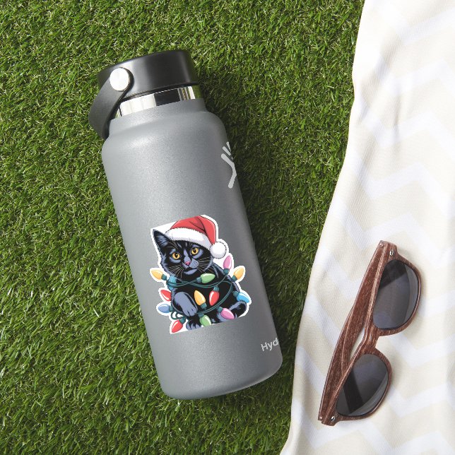 Black Cat Christmas Lights Funny Cat Lover Sticker (HydroFlask Insitu)