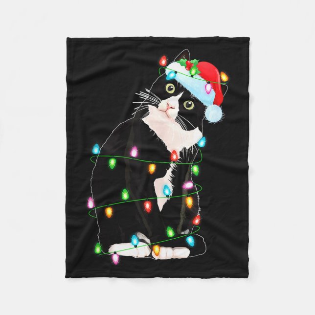 Black Cat Christmas Lights Funny Santa Hat Black C Fleece Blanket (Front)
