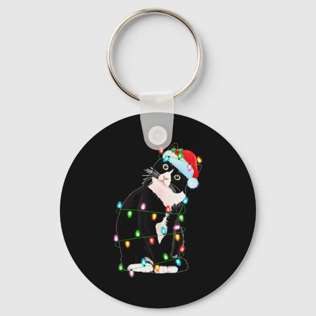 Black Cat Christmas Lights Funny Santa Hat Black C Keychain (Front)