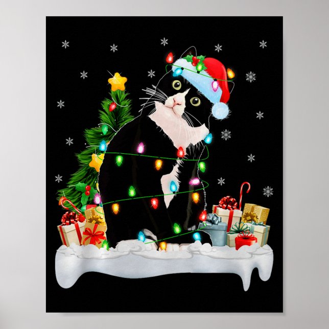 Black Cat Christmas Lights Santa Hat Black Cat Lov Poster (Front)