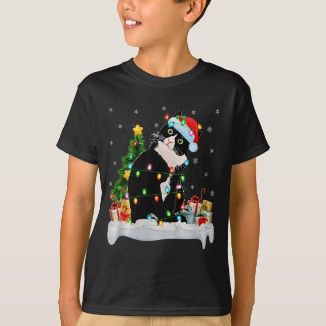 Black Cat Christmas Lights Santa Hat Black Cat Lov T-Shirt (Front)