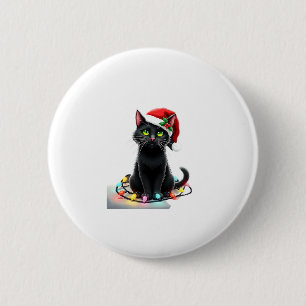 Black Cat Christmas Lights Santa Hat Funny Xmas Ca Button