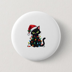 Black Cat Christmas Lights Santa Hat Funny Xmas Ca Button