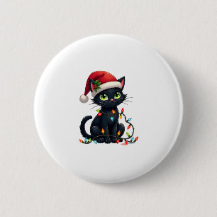 Black Cat Christmas Lights Santa Hat Funny Xmas Ca Button