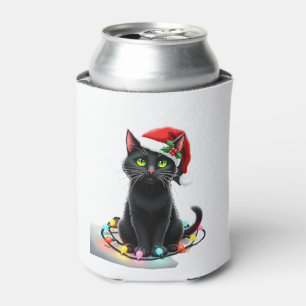 Black Cat Christmas Lights Santa Hat Funny Xmas Ca Can Cooler