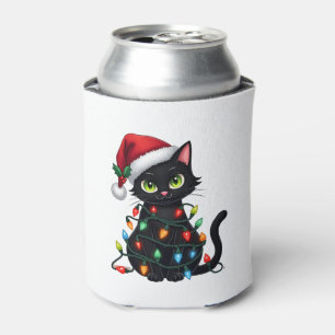 Black Cat Christmas Lights Santa Hat Funny Xmas Ca Can Cooler