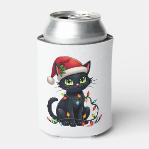 Black Cat Christmas Lights Santa Hat Funny Xmas Ca Can Cooler