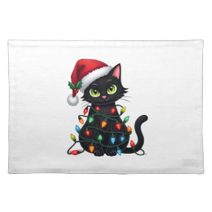 Black Cat Christmas Lights Santa Hat Funny Xmas Ca Cloth Placemat