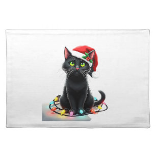 Black Cat Christmas Lights Santa Hat Funny Xmas Ca Cloth Placemat