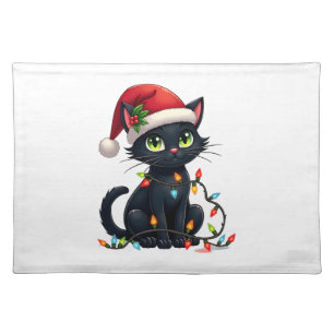 Black Cat Christmas Lights Santa Hat Funny Xmas Ca Cloth Placemat