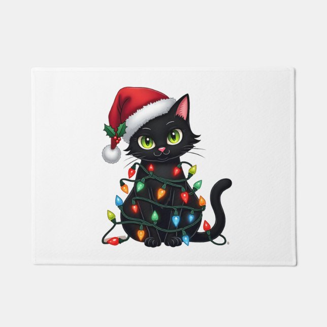 Black Cat Christmas Lights Santa Hat Funny Xmas Ca Doormat (Front)