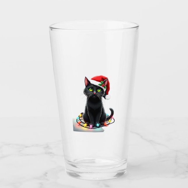 Black Cat Christmas Lights Santa Hat Funny Xmas Ca Glass (Front)
