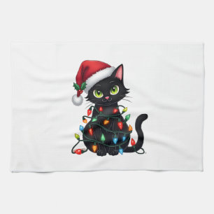 Black Cat Christmas Lights Santa Hat Funny Xmas Ca Kitchen Towel