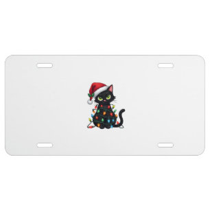 Black Cat Christmas Lights Santa Hat Funny Xmas Ca License Plate
