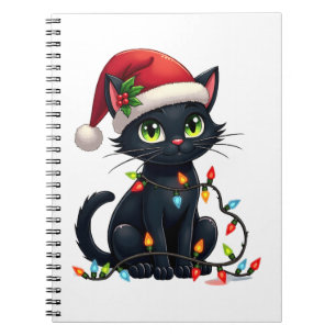 Black Cat Christmas Lights Santa Hat Funny Xmas Ca Notebook