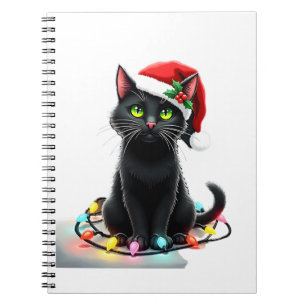 Black Cat Christmas Lights Santa Hat Funny Xmas Ca Notebook