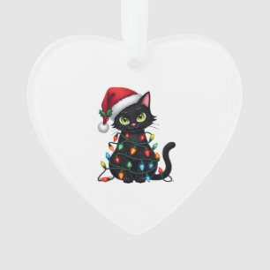Black Cat Christmas Lights Santa Hat Funny Xmas Ca Ornament