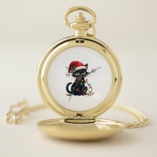 Black Cat Christmas Lights Santa Hat Funny Xmas Ca Pocket Watch