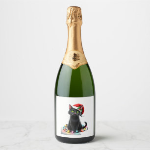 Black Cat Christmas Lights Santa Hat Funny Xmas Ca Sparkling Wine Label