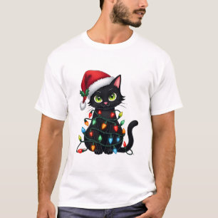 Black Cat Christmas Lights Santa Hat Funny Xmas Ca T-Shirt