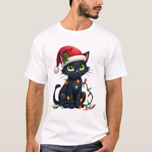 Black Cat Christmas Lights Santa Hat Funny Xmas Ca T-Shirt