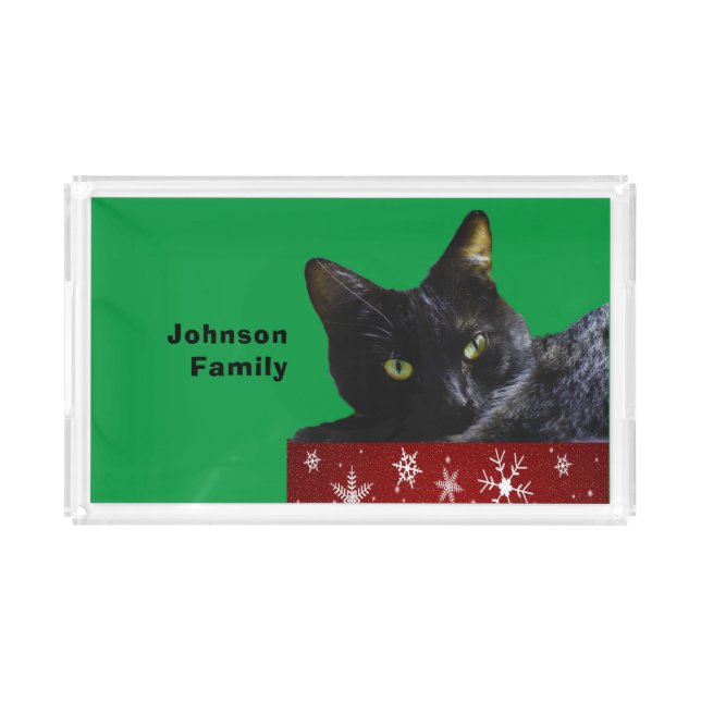 Black Cat Christmas on Snowflakes Red Serving Tray (Front)