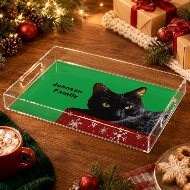 Black Cat Christmas on Snowflakes Red Serving Tray (Black Cat Christmas on Snowflakes Red Serving Tray)