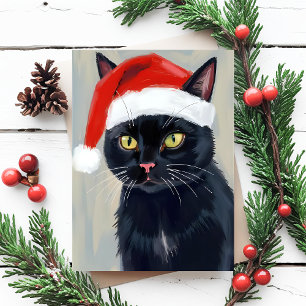 Black Cat Christmas Painting Santa Hat Holiday Card