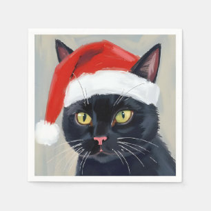 Black Cat Christmas Painting Santa Hat Napkins
