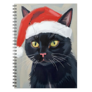 Black Cat   Christmas Painting Santa Hat Notebook