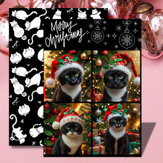Black cat christmas photo collage meowy christmas holiday card