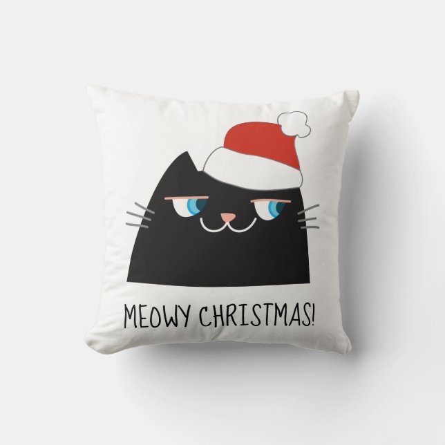 Black Cat Christmas Pillow | Cute Santa Kitty (Front)