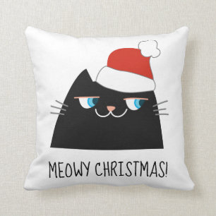 Black Cat Christmas Pillow Cute Santa Kitty