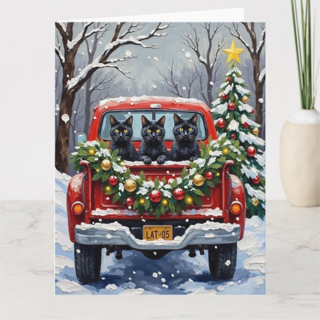 Black Cat Christmas Red Truck Holiday Card (Front)