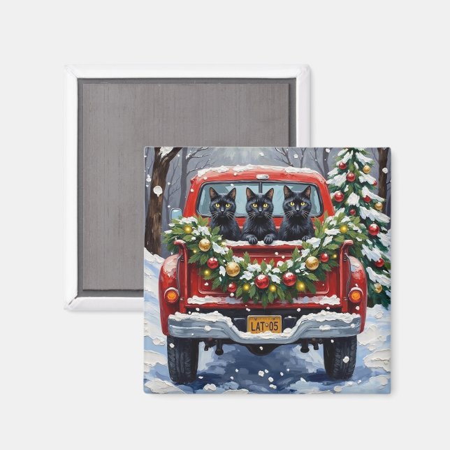 Black Cat Christmas Red Truck Holiday Magnet (Front/Back)