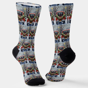 Black Cat Christmas Red Truck Holiday Socks